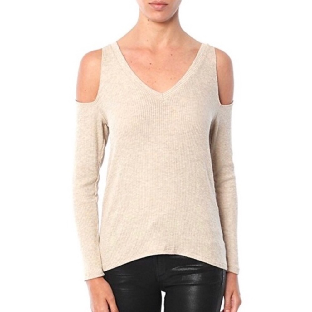 Cold-Shoulder V-Neck Ribbed Sweater - Cream
